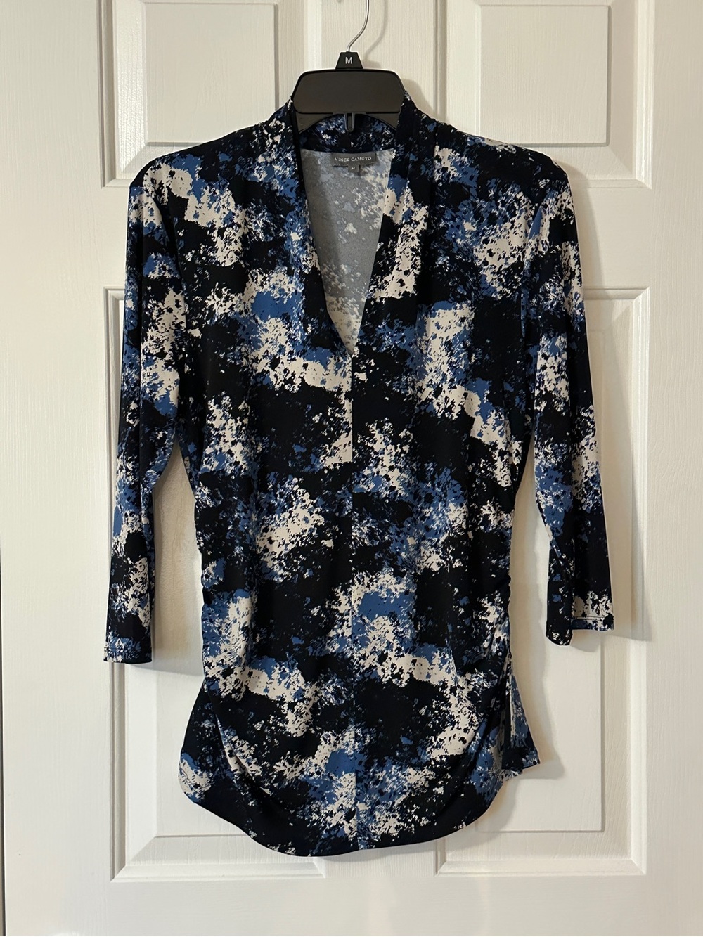 Vince Camuto Black, Blue & White Abstract V-Neck Blouse